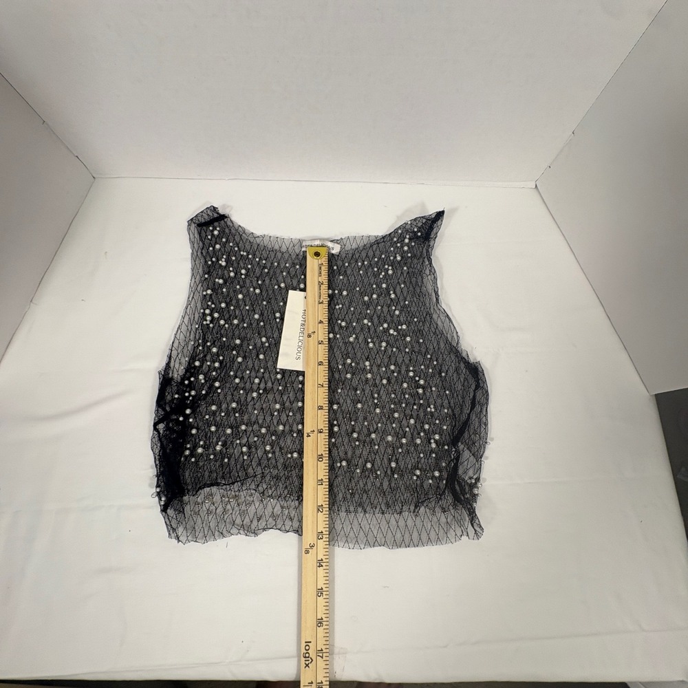 Hot & Delicious Black Mesh Pearl Rhinestone Tank Top HGT1057 Large NWT - Picture 8 of 10